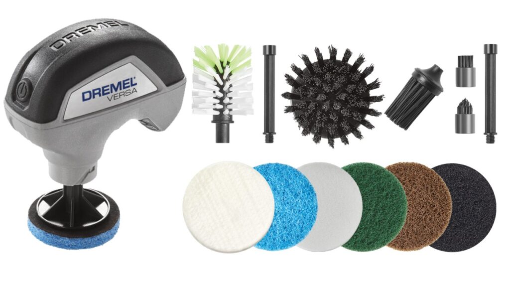 Dremel Versa with pads, attachments, and accessories.